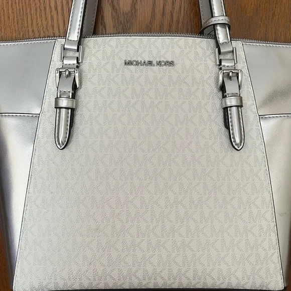 Michael Kors Metallic Silver and Cream Tote - Picture 2 of 4
